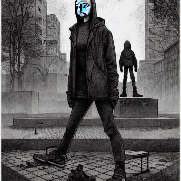 Image similar to storyboard : sadie sink in hoodie sits on bench in ruined square, pedestrians walk by, soviet monument and propaganda posters. scifi cyberpunk. by gabriel hardman. cinematic atmosphere, detailed and intricate, perfect anatomy