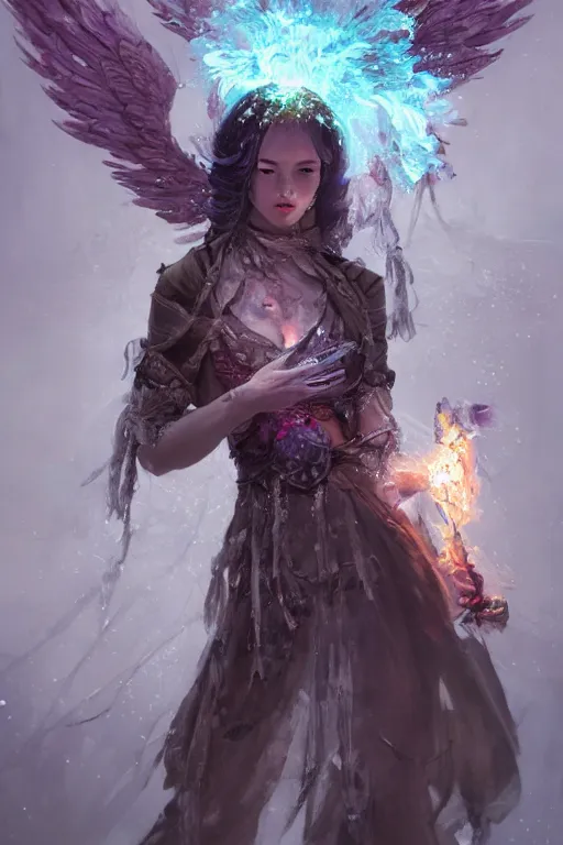 Prompt: beautiful girl necromancer, witch - doctor covered with ice exploding into flowers, angels, 3 d render, hyper - realistic detailed portrait, holding fire and electricity, ruan jia, wlop. scifi, fantasy, magic the gathering, hyper detailed, octane render, concept art, peter mohrbacher