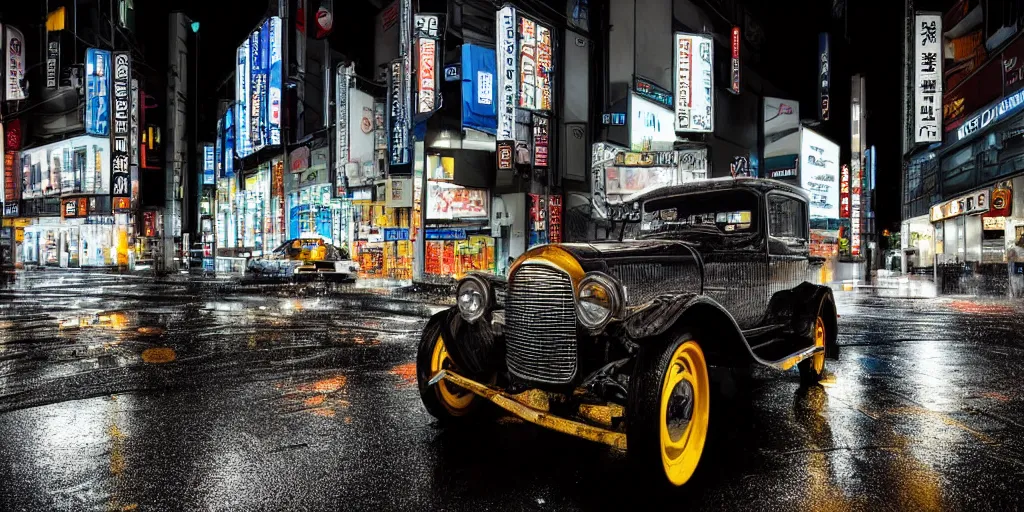 Prompt: color photograph close up macro shot of a ford t car on wet tokyo street at night in the future, intricate, hyper detailed, smooth, dramatic lighting, cinematic