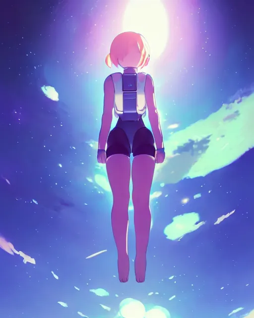 Prompt: a cute thicc astronaut alien girl, floating through black empty space, backlit, epic photo ， by makoto shinkai an krenz cushart