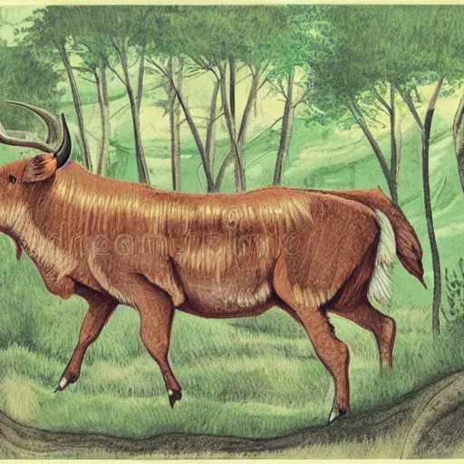 Image similar to an aurochs walking though a forest. illustration. nature illustration. textbook illustration.