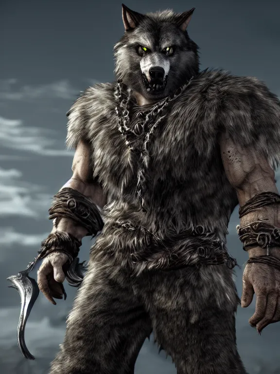 Image similar to cute handsome cuddly burly surly werewolf from van helsing unreal engine hyperreallistic render 8k character concept art masterpiece screenshot from the video game the Elder Scrolls V: Skyrim