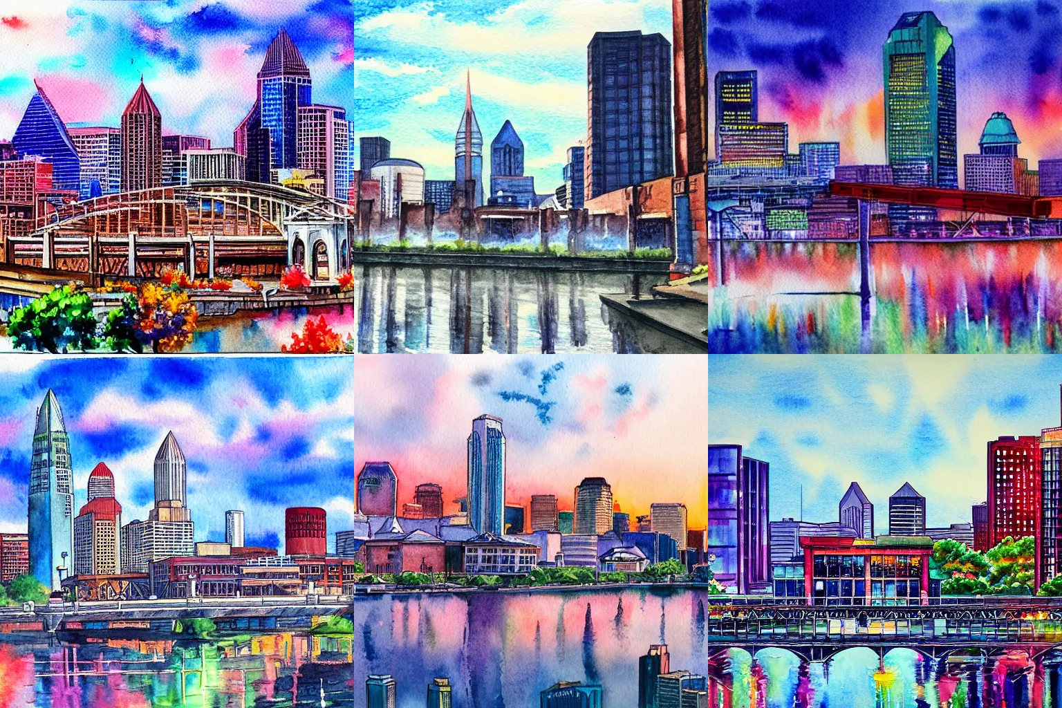 Prompt: skyline of downtown louisville kentucky painted like an anime background in watercolor