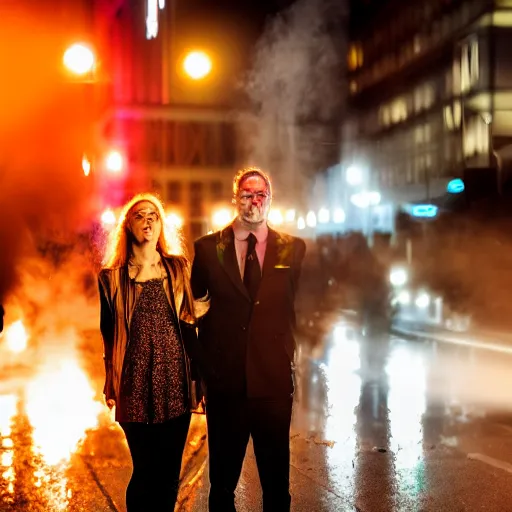 Image similar to closeup of face, steam punk, dramatic neon lighting, F1.5, hair being blown around, city behind them