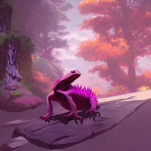 Prompt: concept art painting of an anthropomorphic anime style humanoid bearded dragon lizard wearing magenta wizard robes, in the deep forest, realistic, detailed, cel shaded, in the style of makoto shinkai and greg rutkowski and james gurney