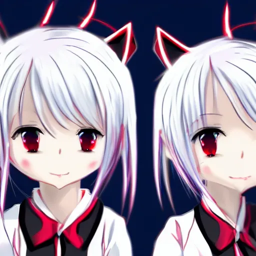 Prompt: whitehair red eyes two small horn on the head anime style anime girl