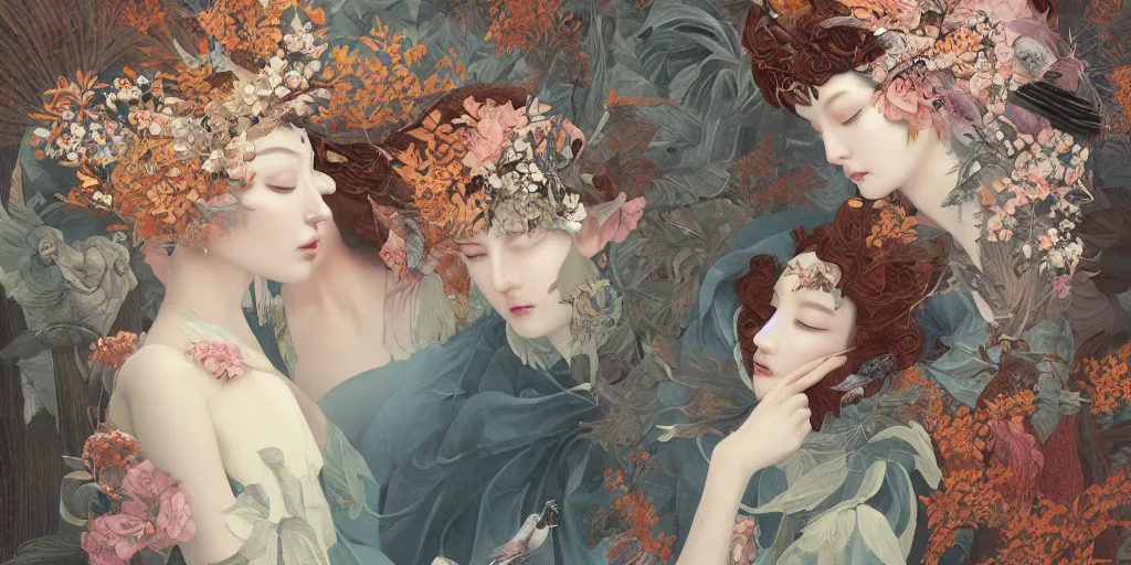 Image similar to breathtaking detailed concept art painting blend of two goddess of autumn by hsiao - ron cheng with anxious piercing eyes, vintage illustration pattern with bizarre compositions blend of flowers and fruits and birds by beto val and john james audubon, exquisite detail, extremely moody lighting, 8 k