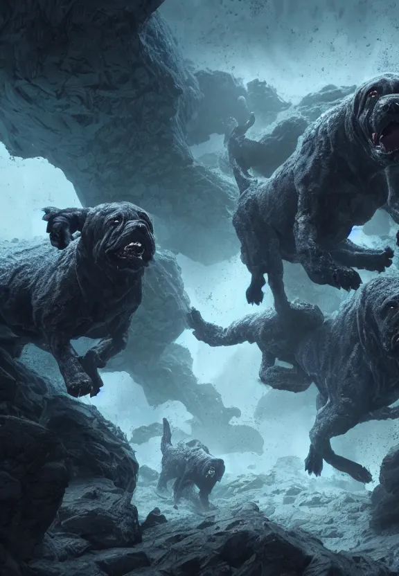 Prompt: three lovecraftian rabies mastiffs attacking inside a claustrophobic dark blue canyon of stone, foaming at the mouth, like ink in water, tapetum lucidum, monsters, digital art, greg rutkowski, unreal engine, octane render, cinematic lighting, highly detailed