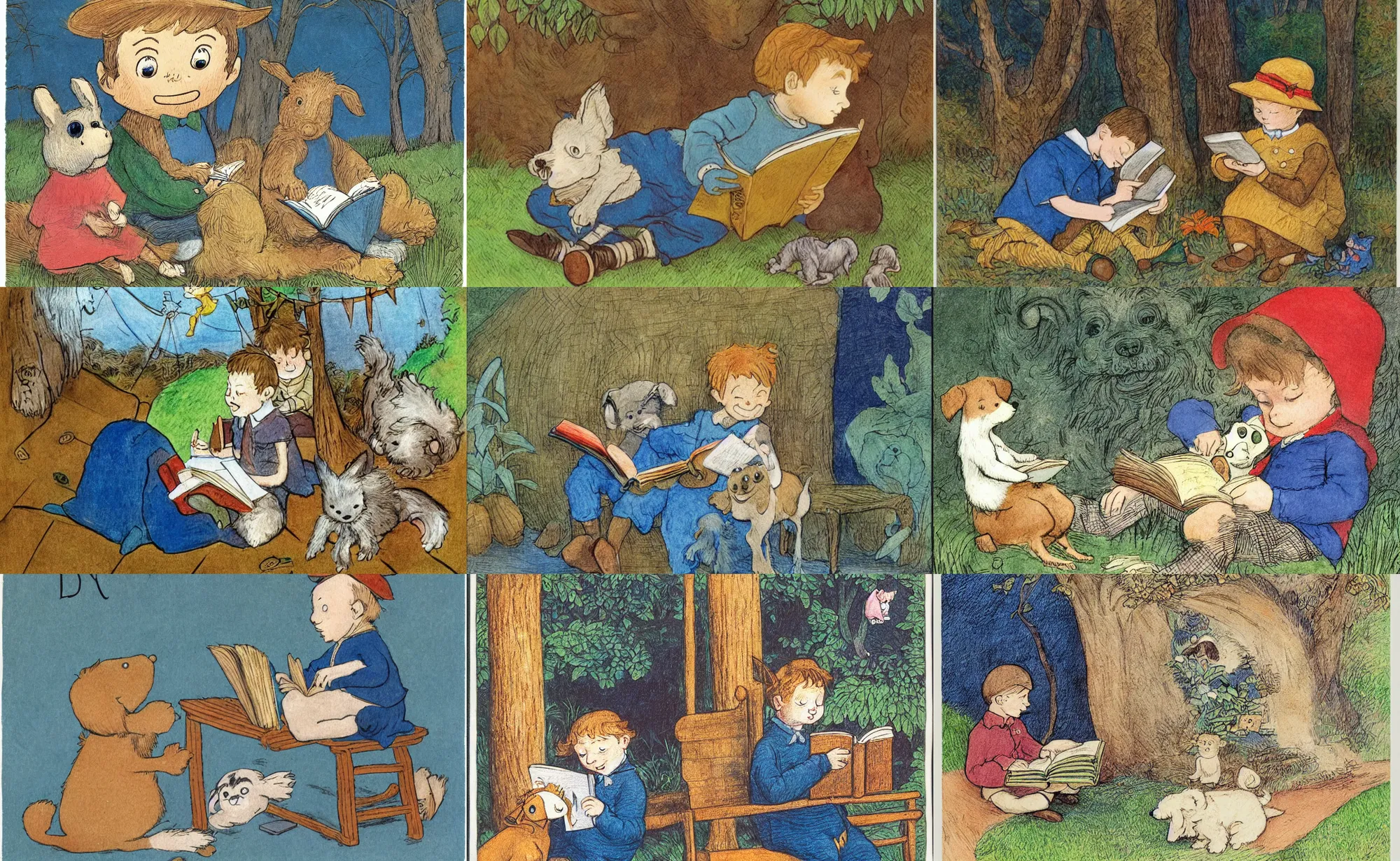 Prompt: children illustration : boy with dog reading a book. maurice sendak, beatrix potter, clement hurd, e. h. beatrice blue, julia sarda, loish, pauline baynes. colorful. rich. highly detailed 8 k. intricate.