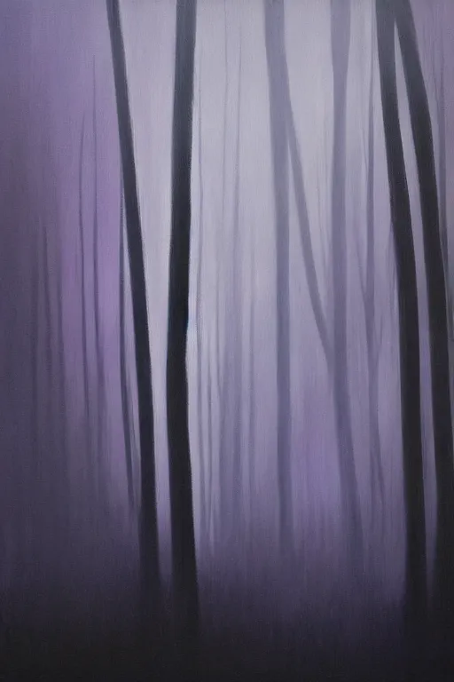 Image similar to dark and spooky painting of a forest dimly lit at night with tiny purple morning glory flowers trailing at the base of trees. foggy cinematic volumetric darkness, muted colour palette, detailed oil painting on canvas