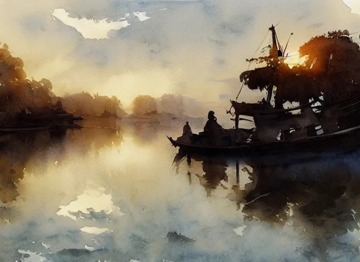 Image similar to watercolor of calm river with wooden boat, stone bridge, art by anders zorn, wonderful masterpiece by greg rutkowski, beautiful cinematic light, american romanticism by greg manchess, creation by tyler edlin