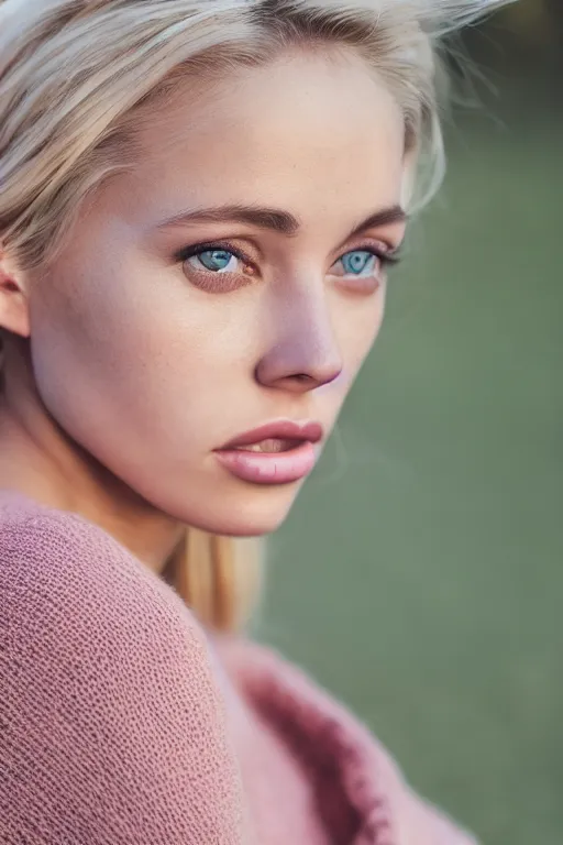 Image similar to olive skinned blonde female model in her twenties, wearing a low cut pink sweater, looking content, focused on her neck, photo realistic, extreme detail skin, natural beauty, no filter, slr, golden hour, 4 k, high definition, selfie