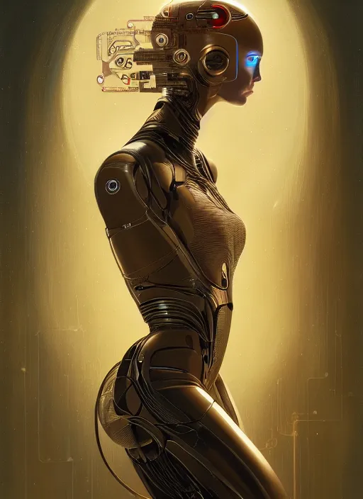 Prompt: portrait of a beautiful female android, coy, circuitry visible in head, in the style of ex machina, karol bak, botticelli, raphael, greg rutkowski, artstation,