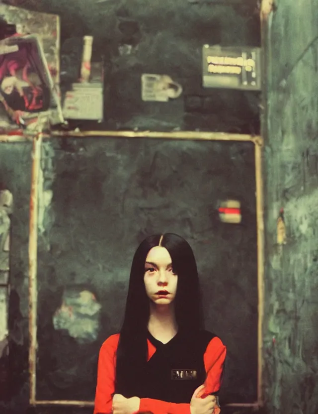 Prompt: portrait school girl with black hair and a strong grange makeup sitting on a floor in a subway, neon light, wide angle coloured polaroid photograph with flash, kodak film stock, hyper real, stunning moody cinematography, with anamorphic lenses, by maripol, fallen angels by wong kar - wai, style of suspiria and neon demon, detailed