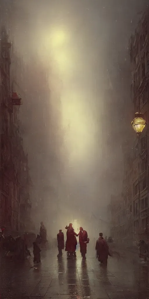 Prompt: a street of a city in 1 9 4 0 with yellow light on from the windows during the night, a men stand up under a light, mystical red fog, oil on canvas, art by andreas achenbach, clemens ascher, tom bagshaw and sabbas apterus,