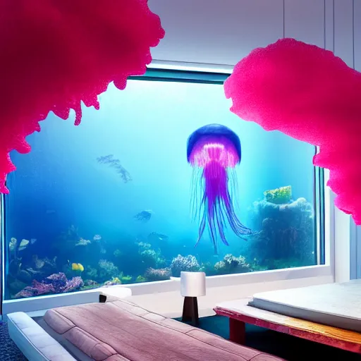 Image similar to photo of the modern fashionable room as aquarium with a chandelier as a big jellyfish, beautiful corals on the walls and dangerous sharks on the big panoramic window, realism, sharp details, cinematic, a lot of gleans, under the ocean, realistic colors, realistic shadows, daylight by beeple