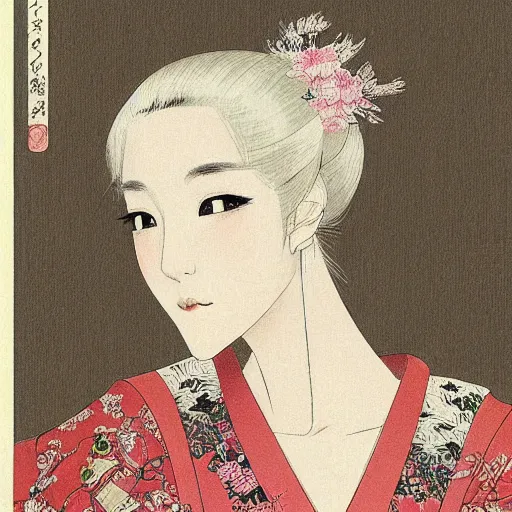 Image similar to Portrait of a japanese princess young lady, with white hair!!!! beauty artwork by Akihiko Yoshida, white hair