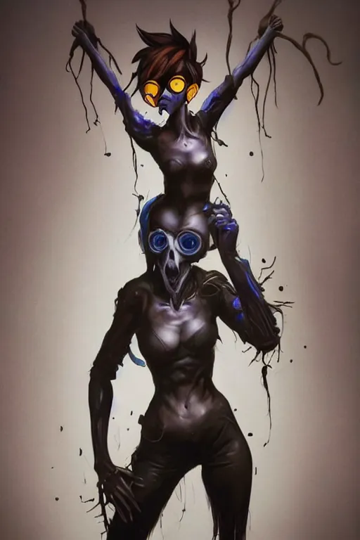 Image similar to dark full body painting of tracer from overwatch, in style of zdzisław beksinski, scary, horror, 4 k, feminine facial features, overwatch tracer character, horror, body horror, disturbing, detailed face, dressed in dark garment, black tendrils, tall, long legs,