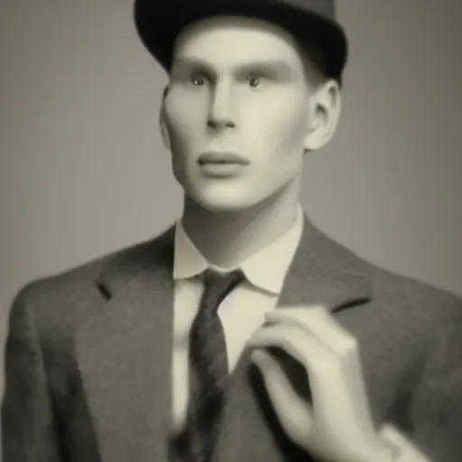 Image similar to A photograph portrait of Jerma985 wearing a suit with and fedora in the 1940s, taken in the early 1940s, grainy, taken on a 940s Kodak Camera, realistic, hyperrealistic, very realistic, highly detailed, very detailed, extremely detailed, detailed, digital art, trending on artstation