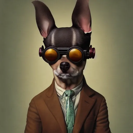 Image similar to ripped physique goggles collar Man Steampunk portrait Sherlock Patrick Bateman snout Detective Anthropomorphic furry fuzzy fashion vogue Chihuahua man wearing a Chihuahua costume wearing an engineer gnome costume gerald brom bastien grivet greg rutkowski norman rockwell portrait face head snout ears eyes illustration tombow