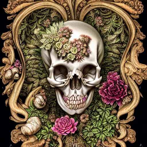 Prompt: a beautiful detailed front view rococo portrait of a rotten woman corpse becoming almost a skull with fractal plants and fractal flowers and mushrooms growing around, intricate, ornate, volumetric light, beautiful lit, beetlejuice