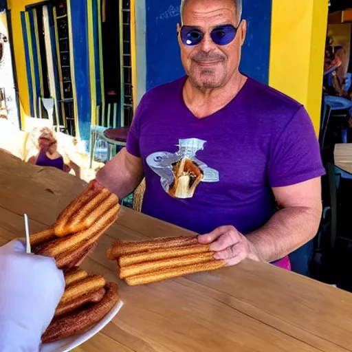 Image similar to thanos from marvel mcu eating a churros at a bar in tharros ( sardinia )