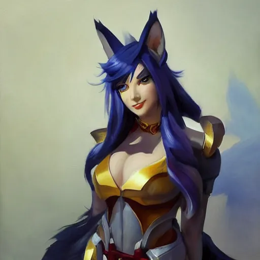 Image similar to greg manchess portrait painting of partially armored ahri from league of legends as overwatch character, medium shot, asymmetrical, profile picture, organic painting, sunny day, matte painting, bold shapes, hard edges, street art, trending on artstation, by huang guangjian, gil elvgren, ruan jia, randy vargas, greg rutkowski