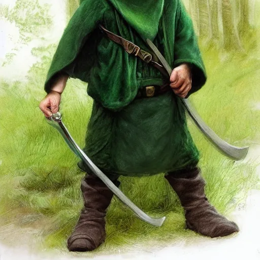 Image similar to a young hobbit ranger wearing a dark green hood and a cloak in the forest, wearing adventure gear, holding a sword, realistic, detailed, masterpiece, short brown hair, clean shaven, by John Howe and Alan Lee, trending on ArtStation