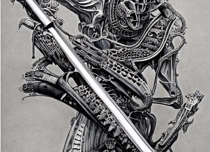 Image similar to giger, h. r. - intricately detailed samurai sword
