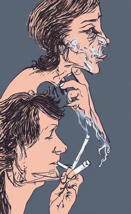 Image similar to woman smoking a cigarette artwork in the style of ralph steadman, 8 k, hyperrealistic, hyperdetailed