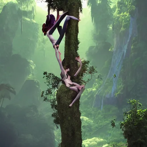 Prompt: rpg character concept art, two people doing acroyoga in a jungle, in the style of jamie hewlett hiroya oku riyoko ikeda, 3 d render, artstation trending, 8 k, octane render, photorealistic, sharp detail, manga, black and white