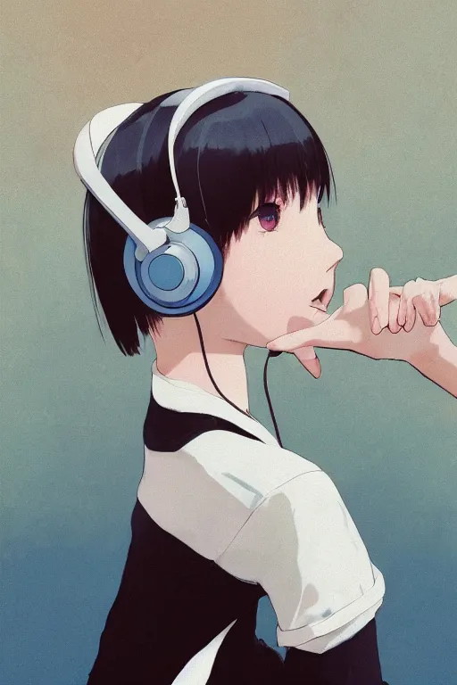 Prompt: a cute young woman listening to music with her eyes closed and wearing headphones by Ilya Kuvshinov, white bob cut hair, freckles, dark thunderclouds in the backround, blue filter, blue and white, vivid colors, soft lighting, cinematic, moody, nier automata, poster, oil on canvas, by Krenz Cushart, by Range Murata, 8k