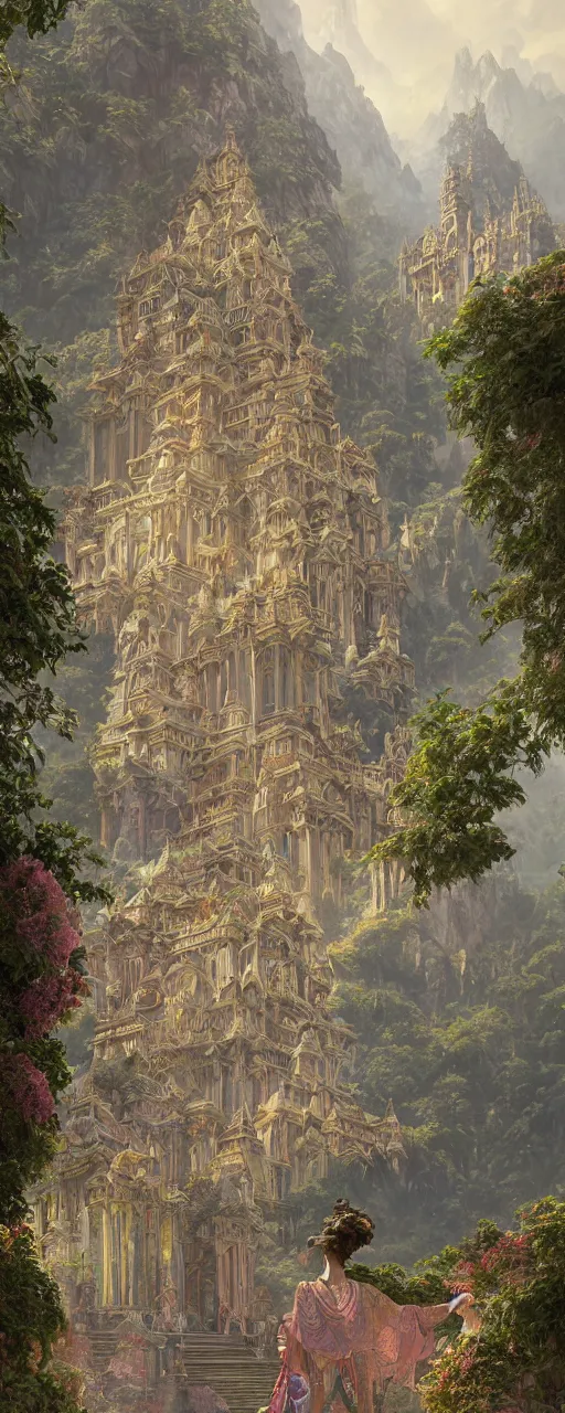 Prompt: large temple on a platform stretching over the mountains, an amazing blooming oasis, fantasy, intricate, elegant, highly detailed, digital painting, artstation, concept art, smooth, sharp focus, illustration, art by artgerm and greg rutkowski and alphonse mucha