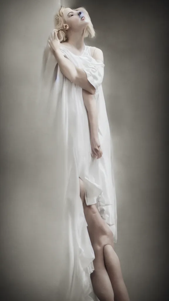 Image similar to studio photo of gorgeous emily skinner cosplaying annie leonhart wearing heels and wearing elegant white dress in a white room looking up, beautiful face, pale skin, rule of thirds, cinematic lighting, rainy weather, melancholy atmosphere, sharp focus, backlit, stunning, smooth, hard focus, full body shot, studio photo, shot on sony a 7 iii, hyper realistic,