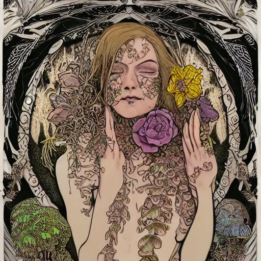 Image similar to a beautiful detailed front view portrait of a rotten woman corpse with fractal plants and fractal flowers and mushrooms growing around, symmetrical, ornate, ornamentation, illustration, in the style of art nouveau, mucha