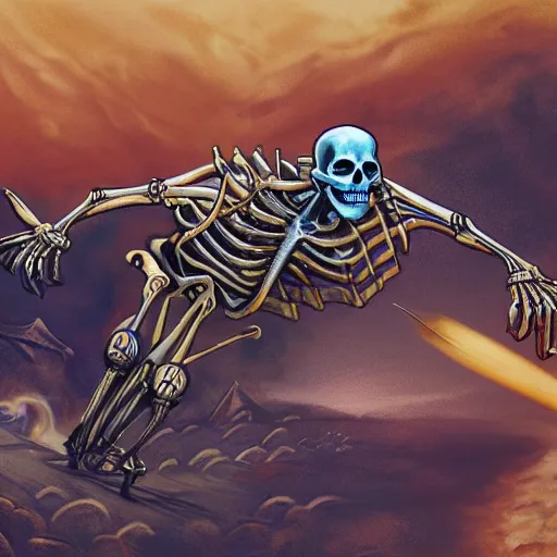 Image similar to a detailed portrait of a skeleton riding a missile, blue eyes, art illustration, incredibly highly detailed and realistic, 8 k, sharp focus