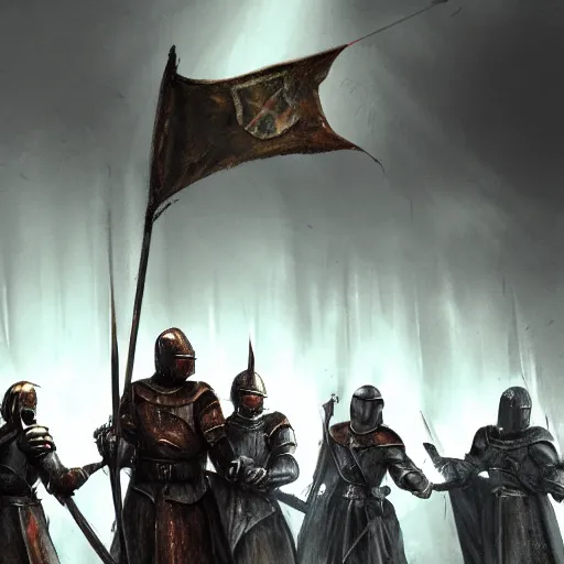 Image similar to realistic, 5 medieval knights, soldiers, in line, pikes, hellbards, banner, flag, mist, picture from behind, epic, digital art, illustration, fantasy, realistic sketch, dark