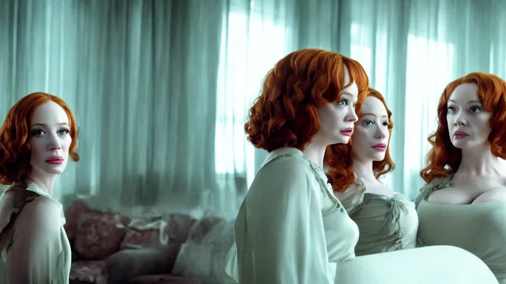 Image similar to a very surprised beautiful Christina Hendricks and her twin sister in the living room, film still from the movie directed by Denis Villeneuve with art direction by Salvador Dalí, wide lens