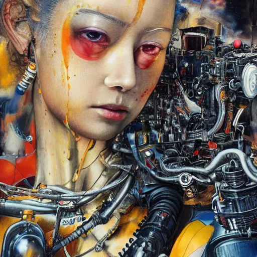 Image similar to 8 k uhd, detailed portrait, high dynamic range, by katsuhiro otomo : ( background = varnished oil paint on black background with pastel paint splashes in background ) + ( subject = queen baroque expressionist cyborg machine goddess + subject detail = very detailed ) painted on a car