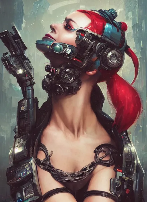 Image similar to a beautiful illustration of cyberpunk harley quinn with pointy ears, intricate, sharp focus, illustration, highly detailed, digital painting, concept art, matte, art by wlop and artgerm and greg rutkowski and alphonse mucha, masterpiece