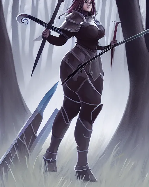 Image similar to concept art of a thicc girl knight in a epic pose, wearing heavy medival knight armor, holding a long sword, walking through a foggy oak forest | | epic - fine - clean, polished, trending on artstation, brush strokes