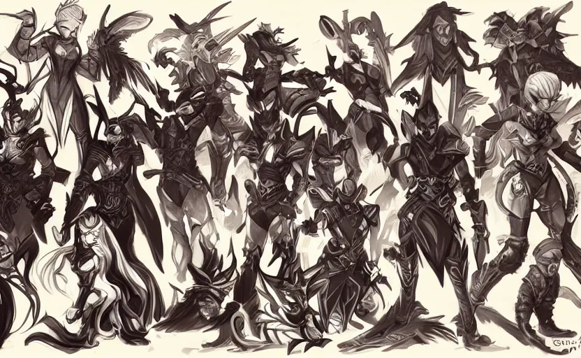 Prompt: character roster concept drawing for a tactical rpg, artwork by ross tran
