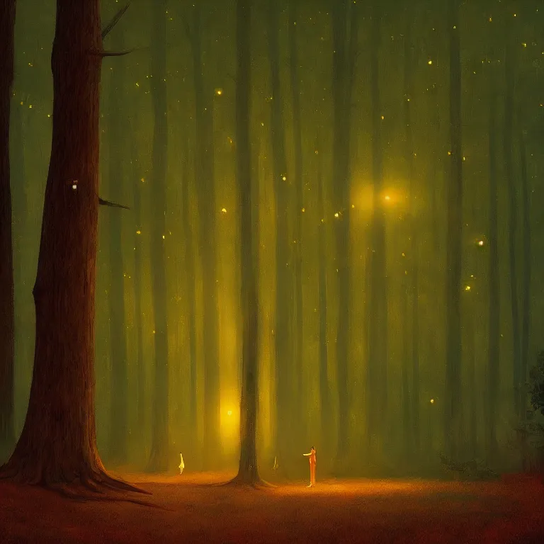 Prompt: a storybook illustration of a hidden forest grove, fireflies, quiet night foggy scene painted by Edward Hopper masterpiece, intricate, elegant, fantasy, highly detailed, digital painting, concept art, sharp focus, artstation