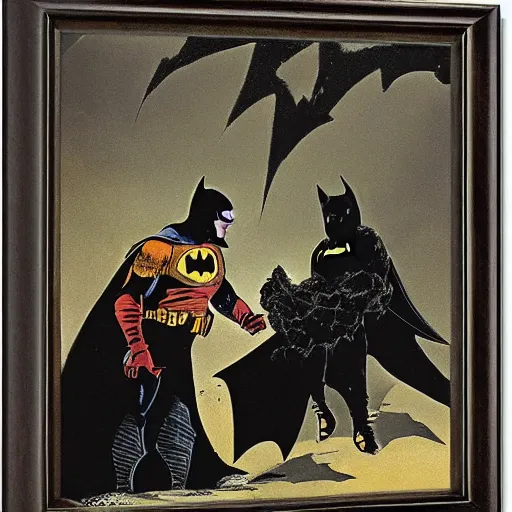 Prompt: batman and robin in the batcave by goya