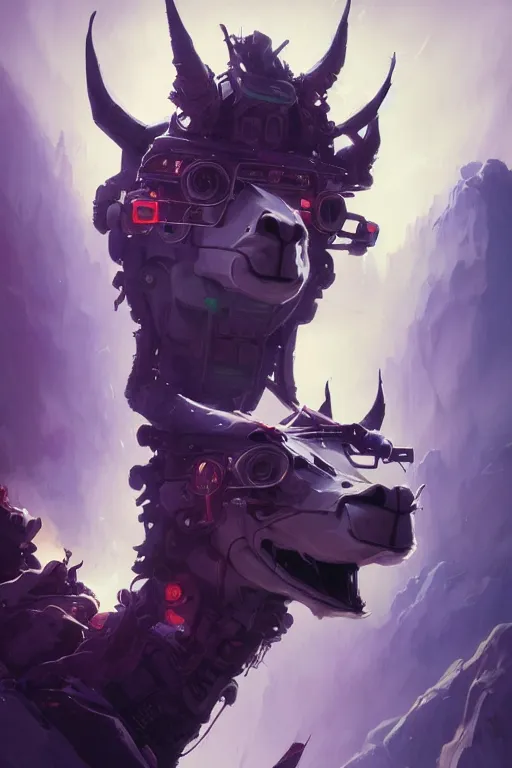 Image similar to closeup portrait of an evangelion beast mode llama, cyberpunk concept art by pete mohrbacher and artgerm and wlop and greg rutkowski and deathburger, digital art, highly detailed, intricate, sci-fi, sharp focus, Trending on Artstation HQ, deviantart, unreal engine 5, 4K UHD image, daily deviation, masterpiece llama art