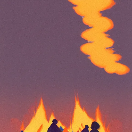 Image similar to a camp with tents on fire, burning down, shadows of 3 girls watching the camp burn, snow, dusk, painted by Sylvain Sarrailh, trending on Artstation