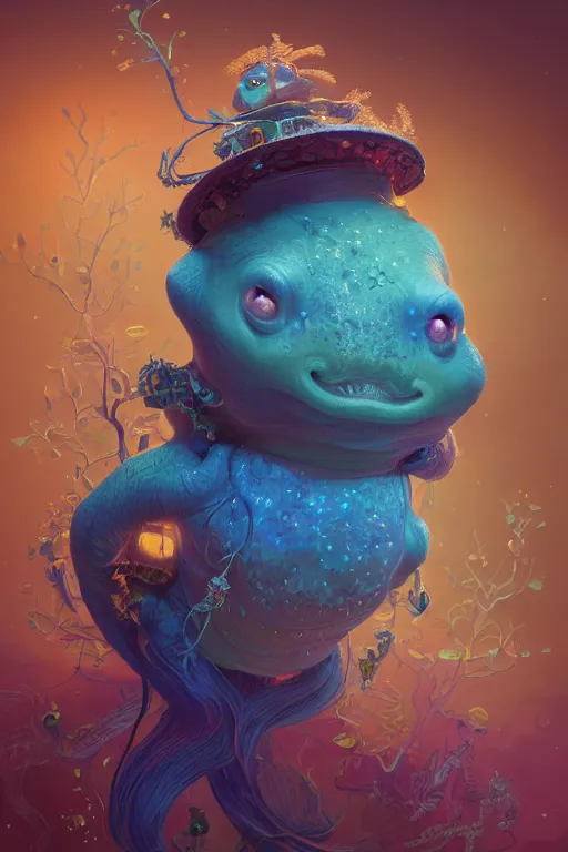 Image similar to Bioluminescent, portrait of axolotl wearing wizard hat, very intricate , trending on artstation , very elegant, in the golden hour by Daniel Merriam, Trending on Artstation, oil on Canvas by Elena Zhurikhina and Goro Fujita and Charlie Bowater, octane render, 4k, 8k, HD