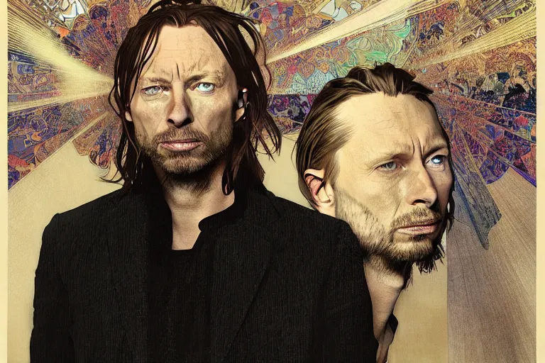 Image similar to hyper realistic portrait of thom yorke tilda swildon, bigger forehead, bigger chin, from the side, by lee bermejo, alphonse mucha and greg rutkowski