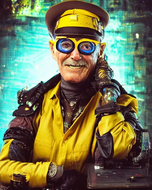 Prompt: an intimate portrait of a gnarly human cyberpunk captain, old skin, faded hat, charming, strong leader, glasses, a look of cunning, big smile, detailed matte fantasy painting, the night war rages behind him, lasers, sparks, yellow and blue and cyan
