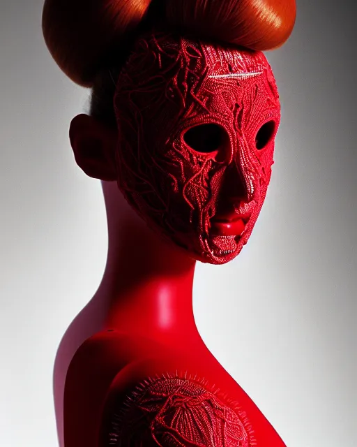 Image similar to symmetrical portrait of a woman wearing a red embroidered translucent silicone mask and white frizzy hair buns, wearing a black bodysuit by alexander mcqueen, cream white background, soft diffused light, biotechnology, humanoide robot, futuristic aesthetic, translucent, ethereal, intricate details, highly detailed, masterpiece,